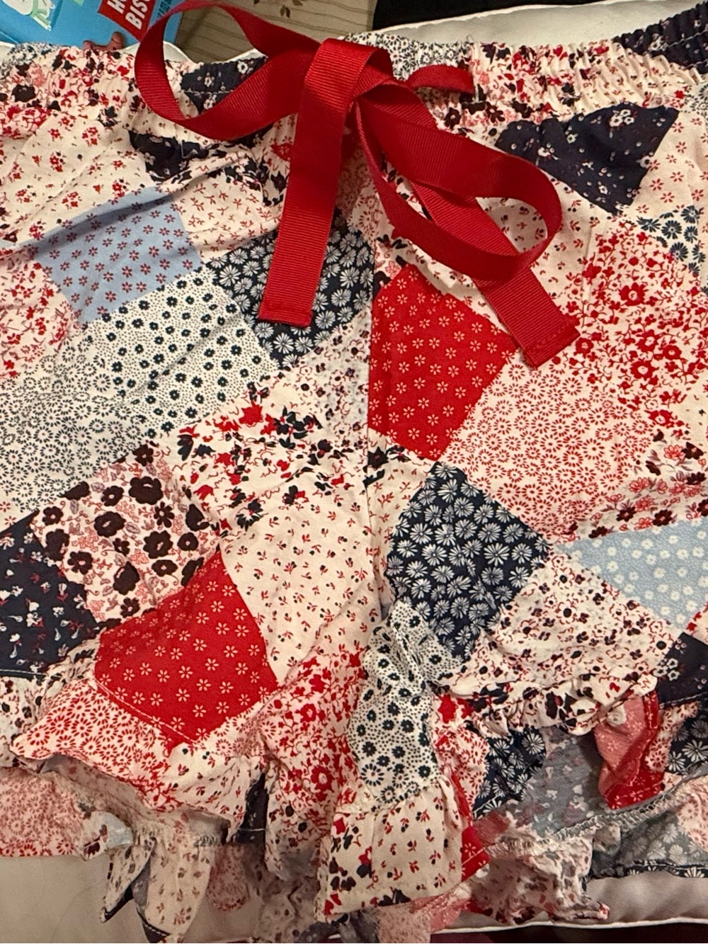 Patchwork Print Drawstring Shorts with Red Bow